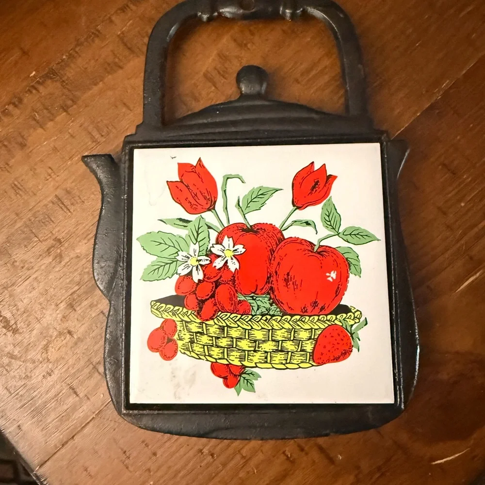 Vintage Cast Iron Teapot Ceramic Trivet with Fruit Design